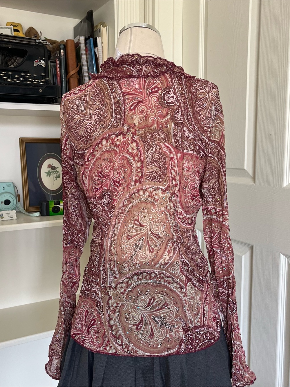 No Boundaries Burgundy Paisley Ruffle-Trim Sheer Blouse - Picture 3 of 7